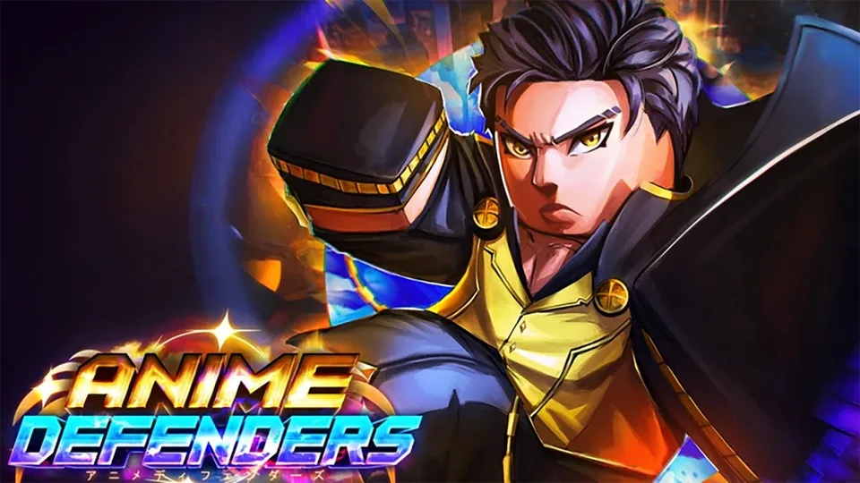 Anime Defenders key art of anime-inspired units credited to the Roblox game